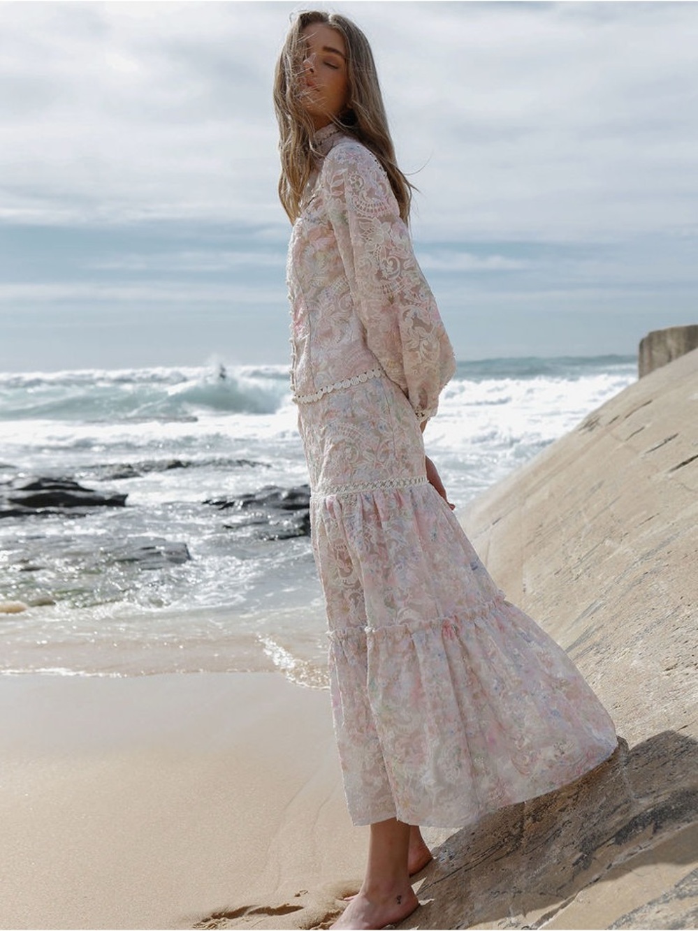 Ixiah Pastel Floral Tiered A-Line Maxi Skirt - Soft Pink & Cream